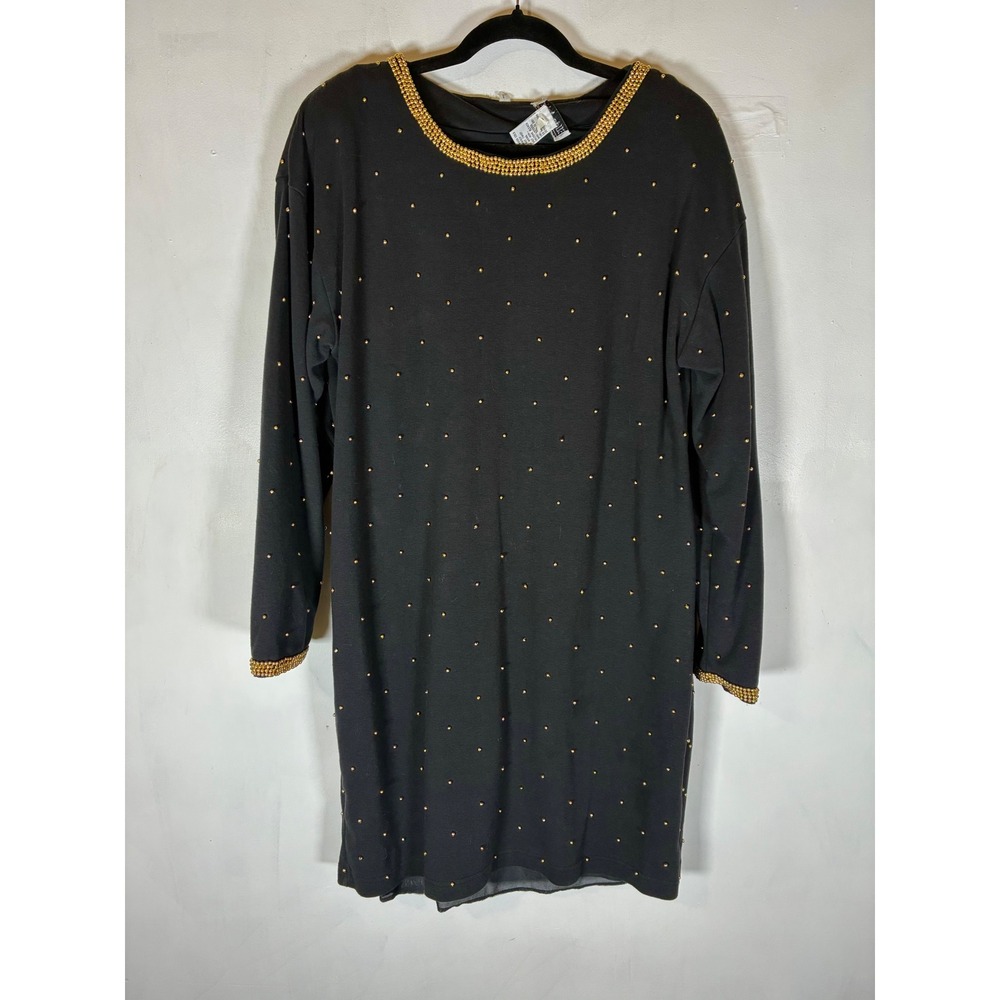 Vintage 80s 90s Ellen Ashley Black Gold Beaded Mini Dress Large Party